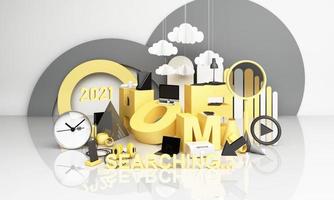 Information search bar Surrounded by electronics, watches, computers and phones with magnifying glass. On a geometric background In yellow and gray tones 3d render photo