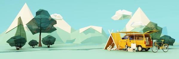 low poly cartoon style. Mobile homes van and tents camping in the national park, bicycles, ice buckets, guitars and chairs, and trees with clouds and mountains on background. 3d render wide screen photo