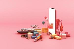 Fast delivery by scooter and van and plane on mobile E-commerce concept Online order with shopping cart and many box on pink background 3d rendering photo