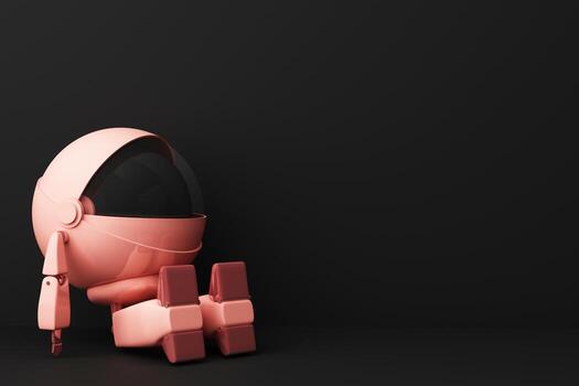 The cute wthie robot is sitting surrounded by geometric objects on green background. 3d rendering photo