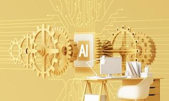 Yellow work desk with laptop computer In the future that works with artificial intelligence and modern technology. the goals of company work hard. on the background AI chip and circuit. 3d rendering photo