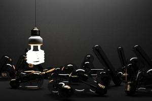 Glowing light fluorescent bulb LED isolated on black concrete background surrounded by incandescent lamp - 3D Rendering photo