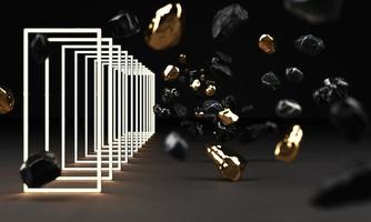 3d rendering of black marble pedestal isolated on black background, round gold freeform rock, abstract minimal concept, blank space, clean design, luxury minimalist mockup, lighting frame growing photo