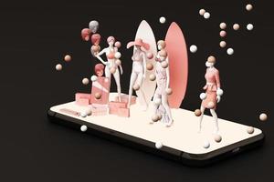 Mannequin on smart phone surrounded by shopping bag and the gift box with credit card on the black backdrop.-3d rendering photo