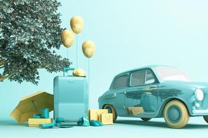 Concept retro car with luggage surrounded by travel equipment in green color tone. 3d rendering photo