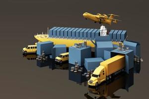 3D rendering of the crate box surrounded by cardboard boxes, a cargo container ship, a flying plan, a car, a van and a truck on  black background photo