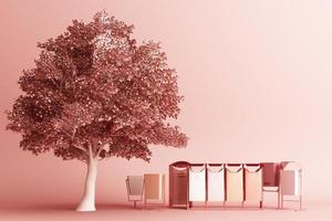 The tree is surrounded by many recyclable bins on a white background. 3D rendering. photo