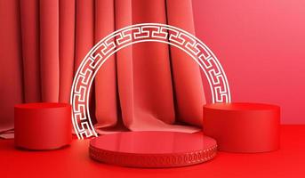 Chinese new year, Golden podium display mockup on red abstract background with geometric shape product minimal presentation, 3d rendering. photo