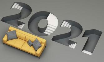 The 2021 ladder-down font in trendy yellow and gray stripes is surrounded by yellow sofa 3d rendering photo