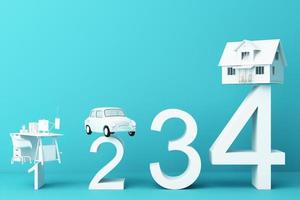 Thinking about home, car and work with another empty space on the yellow pedestal, the concept of life 3D rendering photo