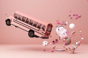 back to school ,inspiration, poster with educational equipment and school bus. 3d rendering photo