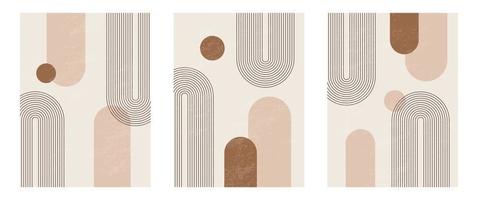 Set of Mid century modern minimalist art print with organic natural shape. Abstract contemporary aesthetic background with geometric Minimal black line on beige. Boho wall decor. vector