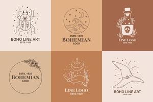 Boho mystic doodle esoteric logo set. Magic line art icon with beetle, wave, poison, frame, moon, hand vector