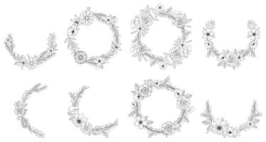 Set abstract elegant line art flower and leaf wreath. Continuous boho line art silhouette of floral artwork vector