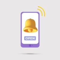 3d vector violet Smartphone with reminder ringing bell notification mockup design illustration