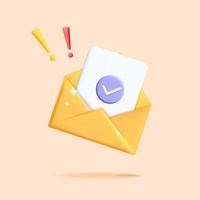 3d vector new approved email with check mark symbol in yellow open envelope design illustration