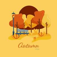 ilustración vectorial plana del paisaje otoñal con árboles decorativos, banco y farolas sobre el fondo amarillo. perfecto para pancartas, redes sociales, tarjetas, materiales impresos, etc. vector