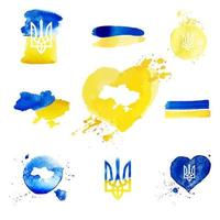 Set of Vector Watercolor Symbols of Ukraine - Flag, Coat of Arms, Map. Perfect for Social Media, Banners, Cards, Printed Materials, etc.