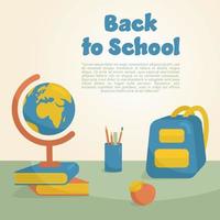 Back to School Vector Illustration With Books, Globe, Backpack, Apple on the Desk. Perfect for Banners, Social Media, Printed Materials.