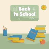 Back to School Vector Illustration. The Blackboard With Hand Drawn Chalk Paintings on It, Books and Apple on the Desk. Perfect for Banners, Social Media, Printed Materials.