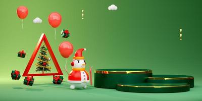 Podium Empty and snowman with frame and geometric shapes in green composition for website or poster or Happiness cards,Christmas banner and festive New Year, realistic 3d illustration or 3d render photo