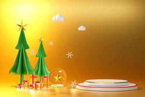 Podium empty and Christmas tree with gift box and ornaments in Gold composition for modern stage display and minimalist mockup ,Concept Christmas and a festive New Year, 3d illustration or 3d render photo