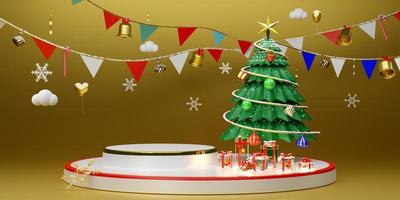 podio vacío y árbol de navidad con caja de regalo y adornos en composición dorada para exhibición de escenario moderno y maqueta minimalista, concepto de navidad y año nuevo festivo, ilustración 3d o renderizado 3d foto