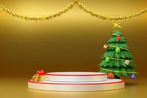 Podium empty and Christmas tree with tinsel and ornaments in Gold composition for modern stage display and minimalist mockup ,Concept Christmas and a festive New Year, 3d illustration or 3d render photo