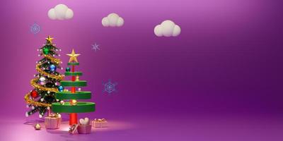 árbol de navidad con caja de regalo y adornos en composición púrpura o violeta para exhibición de escenario moderno y maqueta minimalista, concepto de navidad y año nuevo festivo, ilustración 3d o renderizado 3d foto