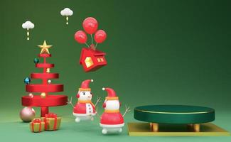 Podium Empty and snowman with frame and geometric shapes in green composition for website or poster or Happiness cards,Christmas banner and festive New Year, realistic 3d illustration or 3d render photo