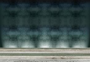 wooden table with abstract background in dark room illuminated by 5 spots photo
