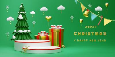 Podium empty with Christmas tree with gift box in green pastel composition for modern stage display and minimalist mockup ,Concept Christmas and a festive New Year, 3d illustration or 3d render photo