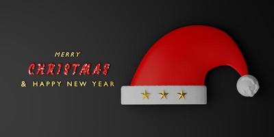 sombrero rojo de santa en composición negra para sitio web o afiche o tarjetas de felicidad, pancarta de feliz navidad y año nuevo festivo, ilustración 3d realista o presentación 3d foto