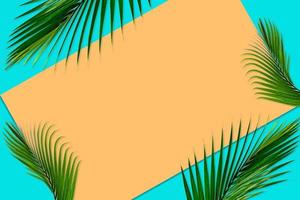 Green palm leaves pattern for nature concept,tropical leaf on orange and teal paper background photo