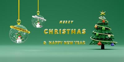 hombre de nieve con globo de nieve y árbol de navidad verde en composición verde pastel para sitio web o afiche o tarjetas de felicidad, pancarta de navidad y año nuevo festivo, ilustración 3d realista o renderizado 3d foto