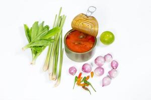 mackerel in tomato sauce with vegetable on background photo