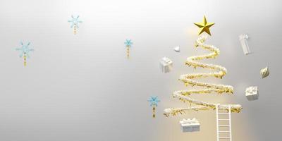 Christmas tree with gift box and ornaments in white composition for modern stage display and minimalist mockup ,Concept Christmas and a festive New Year, 3d illustration or 3d render photo