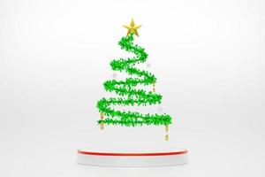 árbol de navidad verde con caja de regalo y adornos en composición blanca para exhibición de escenario moderno y maqueta minimalista, concepto de navidad y año nuevo festivo, ilustración 3d o renderizado 3d foto