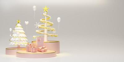 Christmas tree with gift box and ornaments in white composition for modern stage display and minimalist mockup ,Concept Christmas and a festive New Year, 3d illustration or 3d render photo