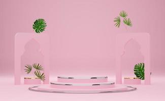 podium empty with geometric shapes in pink pastel composition for modern stage display and minimalist mockup ,abstract showcase background ,Concept 3d illustration or 3d render photo
