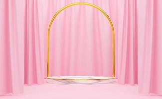 podio vacío con formas geométricas y cortina en composición rosa pastel para exhibición de escenario moderno y maqueta minimalista, fondo de escaparate abstracto, ilustración conceptual 3d o renderizado 3d foto