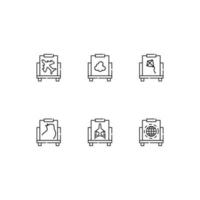 Modern monochrome symbols for web sites, apps, articles, stores, adverts. Editable strokes. Vector icon set with icon of plane, cloud, kite, cat, globe, earth on canvas