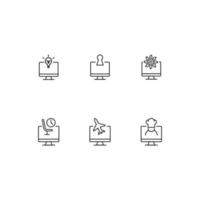 Modern monochrome symbols for web sites, apps, articles, stores, adverts. Editable strokes. Vector icon set with icon of lamp, keyhole, flower, seat, plane, chef on computer monitor