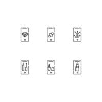 Modern monochrome symbols for web sites, apps, articles, stores, adverts. Editable strokes. Vector icon set with icon of open box, cubes, programming, mascara, lipstick on phone display