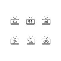 Modern monochrome symbols for web sites, apps, articles, stores, adverts. Editable strokes. Vector icon set with icon of frying pan, fast food, lamp, coat hanger, rainbow on tv screen