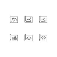 Modern monochrome symbols for web sites, apps, articles, stores, adverts. Editable strokes. Vector icon set with icon of mountains, sun, tea, lips, paw on paper sheet