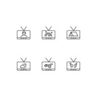 Modern monochrome symbols for web sites, apps, articles, stores, adverts. Editable strokes. Vector icon set with icon of man, rainbow, tent, sun, plain, wings on tv screen