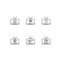 Modern monochrome symbols for web sites, apps, articles, stores, adverts. Editable strokes. Vector icon set with icon of house, umbrella, heart, intersected circles, plane, whale on tv screen