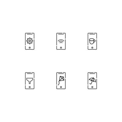 Modern monochrome symbols for web sites, apps, articles, stores, adverts. Editable strokes. Vector icon set with icon of gear, internet, cup, funnel, kite, umbrella on phone display