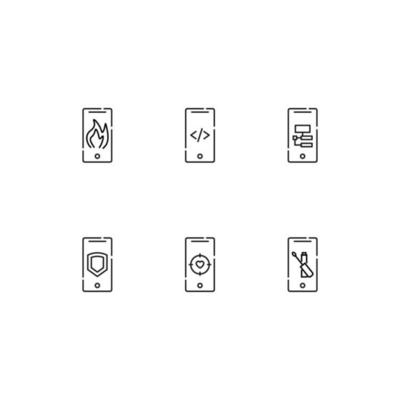 Modern monochrome symbols for web sites, apps, articles, stores, adverts. Editable strokes. Vector icon set with icon of fire, coding, algorithm, shield, heart, mascara, lipstick on phone display